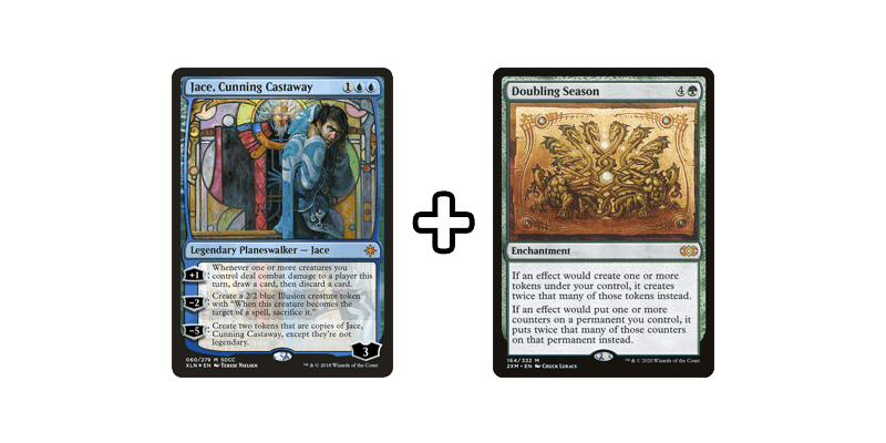 Showing infinite combo using MTG token doublers. Cards shown are Jace, Cunning Castaway & Doubling Season