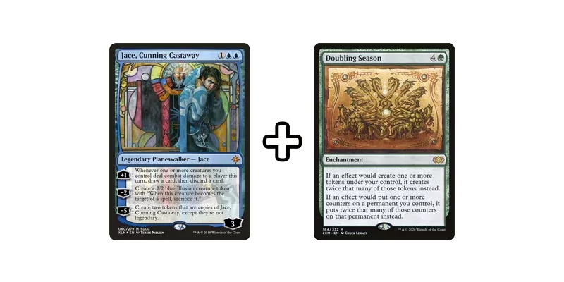 Showing infinite combo using MTG token doublers. Cards shown are Jace, Cunning Castaway & Doubling Season