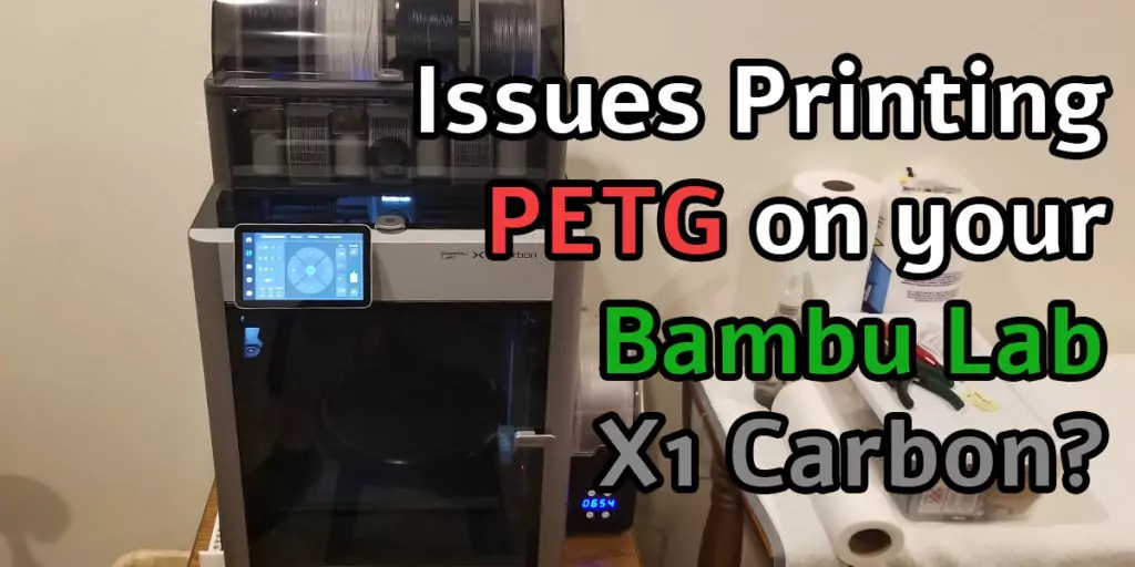Featured image for the 'Bambu Lab X1 Carbon PETG Settings' article. The background shows a X1C printer with the text 'Issues Printing PETG on your Bambu Lab X1 Carbon?' in the foreground
