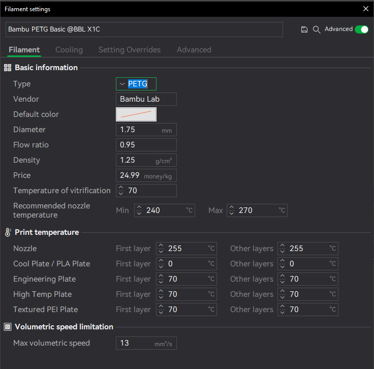 The default Bambu Lab X1 Carbon PETG settings for the filament profile are shown here as a screenshot from Bambu Studio.