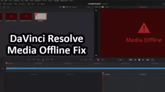 An image showing the DaVinci Resolve program with the red 'Media Offline' messages on the video files. Over that is the white text reading 'DaVinci Resolve Media Offline Fix'.