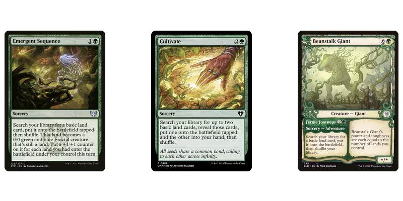 Image showing 3 cards for green ramp MTG has printed for budget. Cards are Emergent Sequence, Cultivate and Beanstalk Giant // Fertile Footsteps