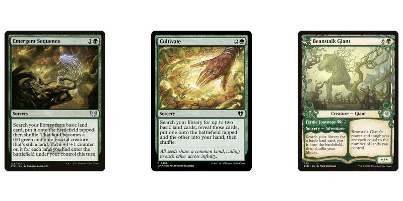 Image showing 3 cards for green ramp MTG has printed for budget. Cards are Emergent Sequence, Cultivate and Beanstalk Giant // Fertile Footsteps