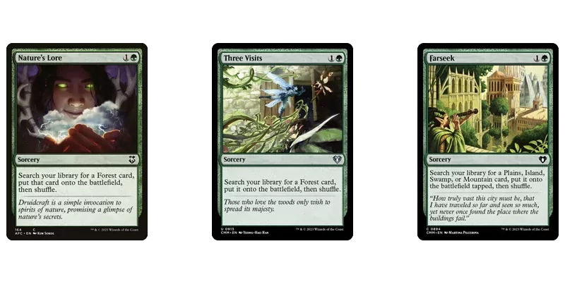 Image showing 3 cards for green ramp MTG has printed at 2 mana value (no budget). Cards are Nature's Lore, Three Visits and Farseek.