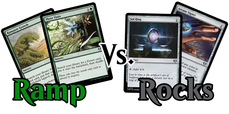 Green ramp MTG has printed vs. mana rocks MTG has printed. Shown in the photo are the cards Rampant Growth, Three Visits, Sol Ring, and Arcane Signet along with the text 'Ramp Vs. Rocks'
