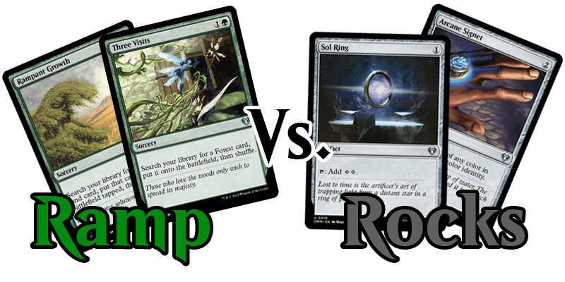 Green ramp MTG has printed vs. mana rocks MTG has printed. Shown in the photo are the cards Rampant Growth, Three Visits, Sol Ring, and Arcane Signet along with the text 'Ramp Vs. Rocks'