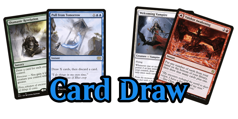 A key component for how to build a commander deck, as outlined in the commander deck building template is having card draw. This photo shows 4 cards and the text 'Ramp'. The 4 cards are Shamanic Revelation, Pull from Tomorrow, Welcoming Vampire & Valakut Awakening