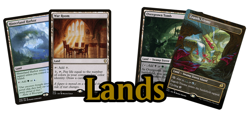 A key component for how to build a commander deck, as outlined in the commander deck building template is having plenty of lands. This photo shows 4 cards and the text 'Ramp'. The 4 cards are Hinterland Harbor, War Room, Overgrown Tomb & Zagoth Triome