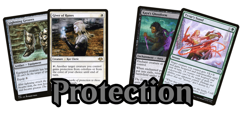 A key component for how to build a commander deck, as outlined in the commander deck building template is having some protection. This photo shows 4 cards and the text 'Ramp'. The 4 cards are Lightning Greaves, Giver of Runes, Kaya's Ghostform & Tyvar's Stand