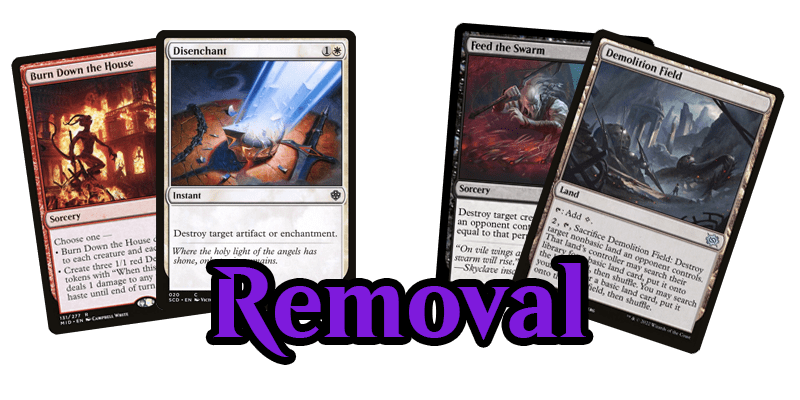 A key component for how to build a commander deck, as outlined in the commander deck building template is having removal. This photo shows 4 cards and the text 'Ramp'. The 4 cards are Burn Down the House, Disenchant, Feed the Swarm & Demolition Field