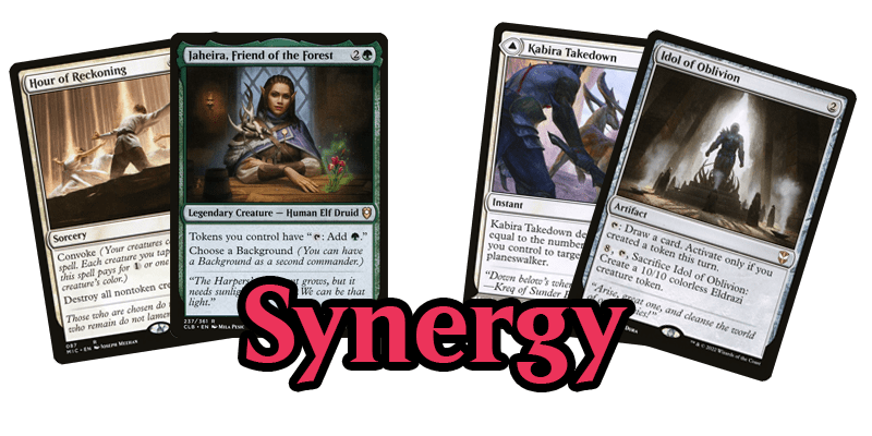 A key component for how to build a commander deck, as outlined in the commander deck building template is have lots of synergy. This photo shows 4 cards and the text 'Ramp'. The 4 cards are Hour of Reckoning, Jaheira, Friend of the Forest, Kabira Takedown & Idol of Oblivion 