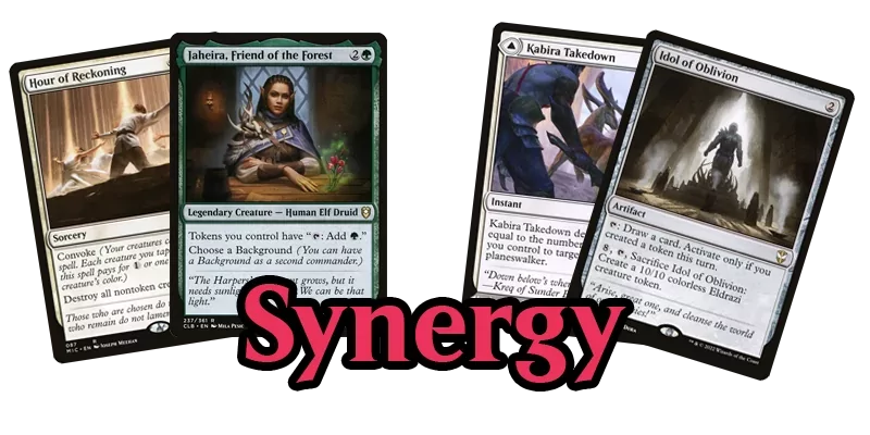 A key component for how to build a commander deck, as outlined in the commander deck building template is have lots of synergy. This photo shows 4 cards and the text 'Ramp'. The 4 cards are Hour of Reckoning, Jaheira, Friend of the Forest, Kabira Takedown & Idol of Oblivion 