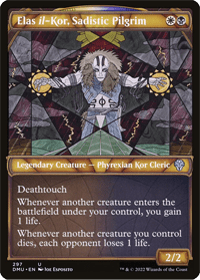 Elas Il-Kor, Sadistic Pilgrim is one of the best Aristocrats commander MTG has ever printed. Shown in the photo is the stained glass card variant of Elas Il-Kor, Sadistic Pilgrim