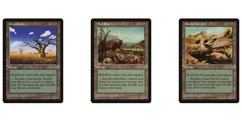 One group of MTG fetch lads are the Mirage tapped fetch lands. Shown are the cards for Grasslands, Bad River and Rocky Tar Pit