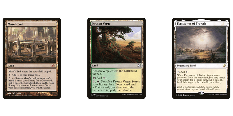 The last group of MTG fetch lads are the 'other' fetch lands that don't belong to a set. Shown are the cards for Maze's End, Krosan Verge and Flagstones of Trokair.