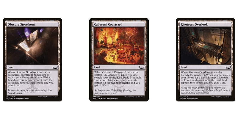 One group of MTG fetch lads are the New Capenna Location fetch lands. Shown are the cards for Obscura Storefront, Cabaretti Courtyard and Riveteers Overlook.