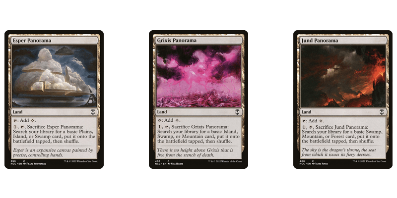 One group of MTG fetch lads are the Shards of Alara Panorama fetch lands. Shown are the cards for Esper Panorama, Grixis Panorama and Jund Panorama.
