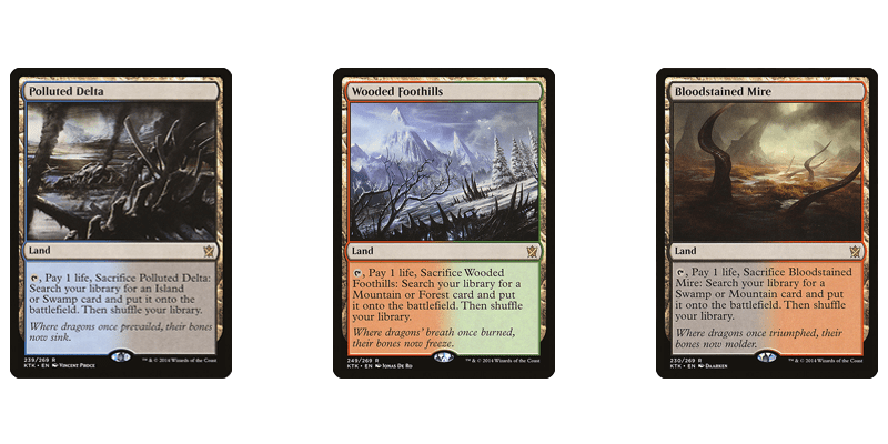 One group of MTG fetch lads are the true fetch lands. Shown are the cards for Polluted Delta, Wooded Foothills and Bloodstained Mire