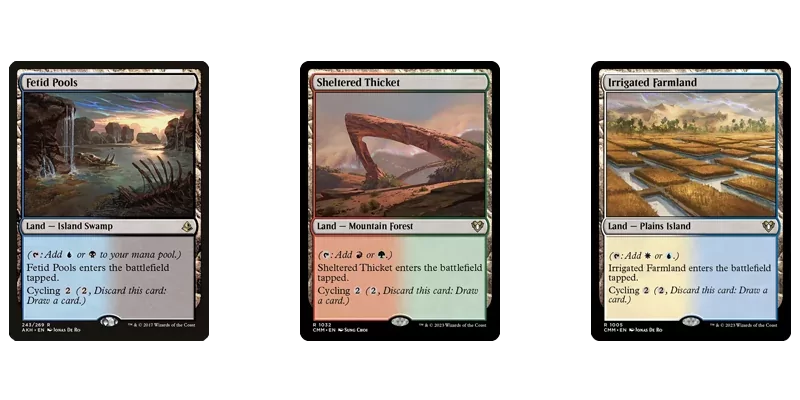 The bicycle lands cycle of fetchable dual lands MTG has printed. Shown are the cards Fetid Pools, Sheltered Thicket and Irrigated Farmland