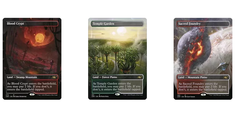 The shock land cycle of fetchable dual lands MTG has printed. Shown are the cards Blood Crypt, Temple Garden and Sacred Foundry