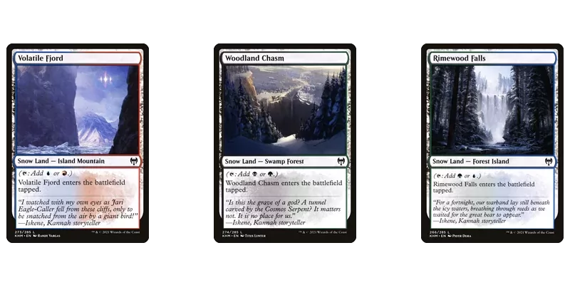 The snow duals cycle of fetchable dual lands MTG has printed. Shown are the cards Volatile Fjord, Woodland Chasm and Rimewood Falls