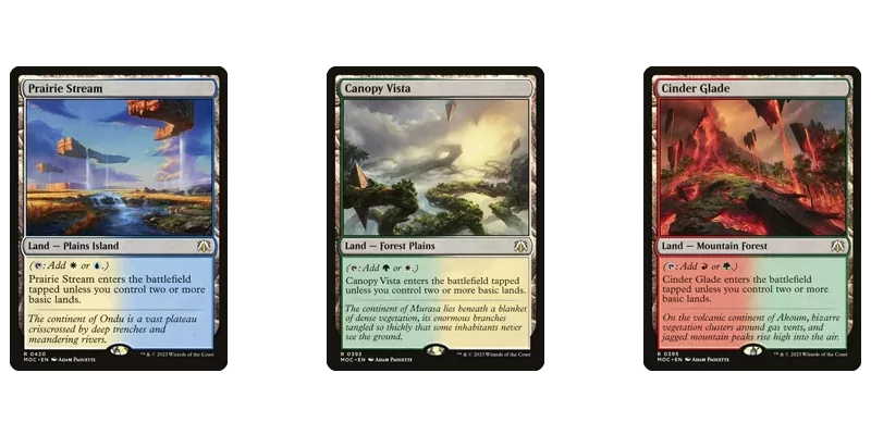 The tango lands cycle of fetchable dual lands MTG has printed. Shown are the cards Prairie Stream, Canopy Vista and Cinder Glade