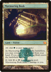 Shown here is the card Murmuring Bosk. A very unique one of the fetchable tri lands MTG has created.
