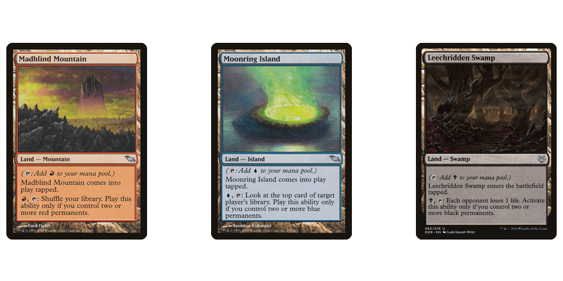 The Shadowmoore uncommon lands cycle of single type fetchable lands MTG has printed. Shown are the cards Madbling Mountain, Moonring Island and Leechridden Swamp