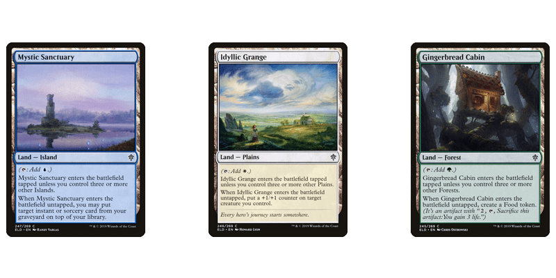 The Throne of Eldraine common lands cycle of single type fetchable lands MTG has printed. Shown are the cards Mystic Sanctuary, Idyllic Grange and Gingerbread Cabin