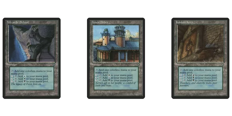 A few of the Homeland MTG tri lands. Cards shown are Wizards' School, Aysen Abbey and Koskun Keep