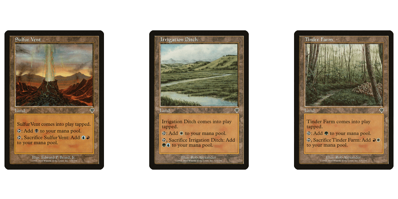 A few of the Invasion MTG tri lands. Cards shown are Sulfur Vent, Irrigation Ditch and Tinder Farm