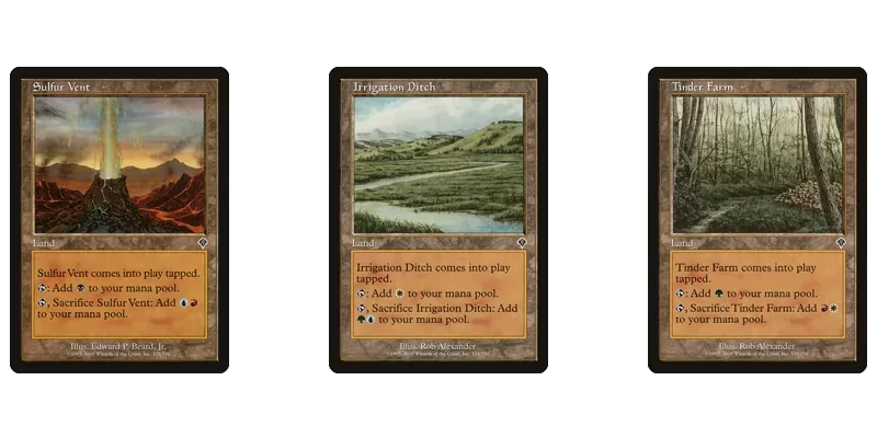 A few of the Invasion MTG tri lands. Cards shown are Sulfur Vent, Irrigation Ditch and Tinder Farm