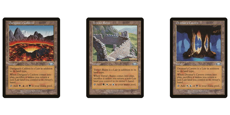 A few of the lair MTG tri lands. Cards shown are Darigaaz's Caldera, Treva's Ruins and Dromar's Cavern
