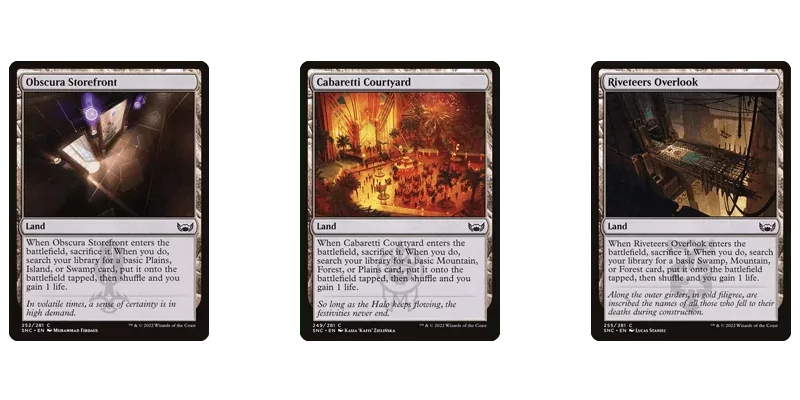 A few of the New Capenna Location MTG tri lands that can fetch. Cards shown are Obscura Storefront, Cabaretti Courtyard and Riveteers Overlook