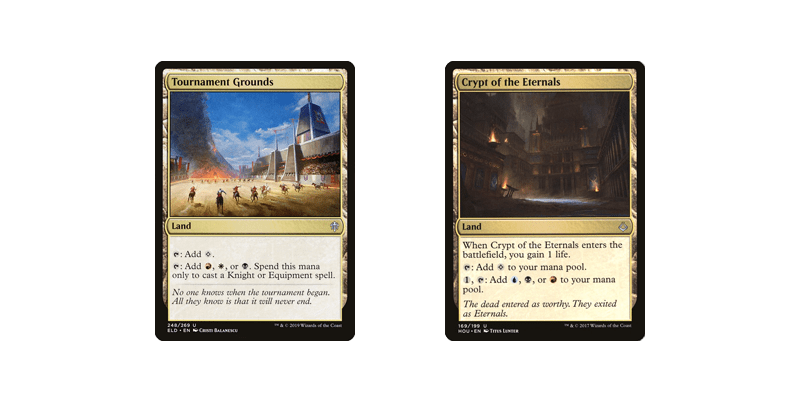 The 2 unique non-fetchable MTG tri lands. Cards shown are Tournament Grounds and Crypt of Eternals