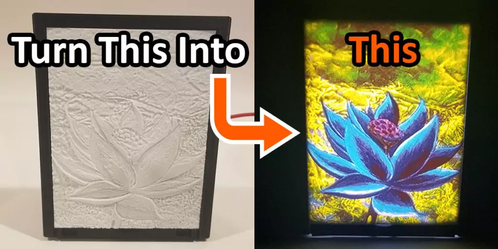An image showing a 3D printed picture frame with a lithophane in it on the left with an arrow pointing to the right side of the photo which shows the 3D printed lithophane lamp lit up showing the 3D printed color photo.