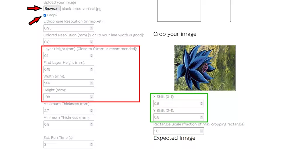 In order to create a 3D printed lithophane lamp, you will first need to create the actual color lithophane plate. This image shows the UI for lithohpanemaker and highlights the settings to change to get a detailed print.