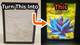 An image showing a 3D printed picture frame with a lithophane in it on the left with an arrow pointing to the right side of the photo which shows the 3D printed lithophane lamp lit up showing the 3D printed color photo.