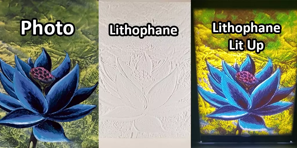 This photo shows the 3 different stages of the 3d printed lithophane lamp process. The first stage is the source photo. The Second stage is the 3d printed lithophane plate. The third stage is the illuminated 3d printed lithophane lamp with the image displayed in color.