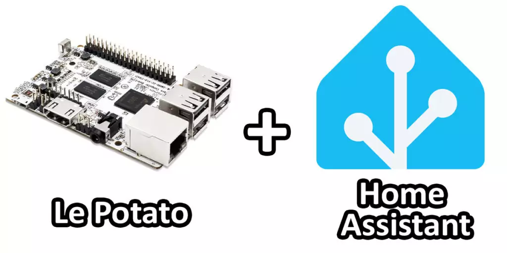 An image showing a Le Potato board and the Home Assistant logo for the Le Potato Home Assistant setup guide.