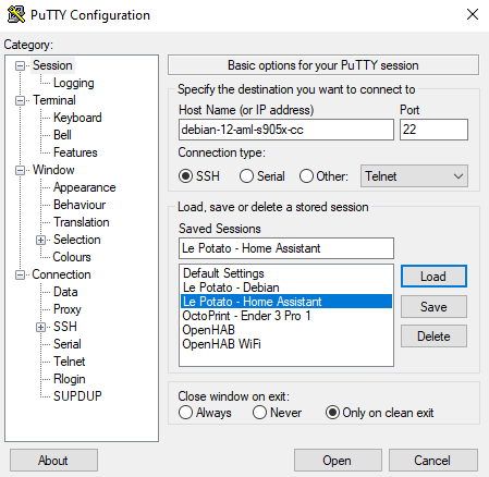 During the Home Assistant Le Potato installation, it is recommended to set up an SSH server. Shown here is the UI for the SSH program Putty. This is used for connecting to our Le Potato remotely.