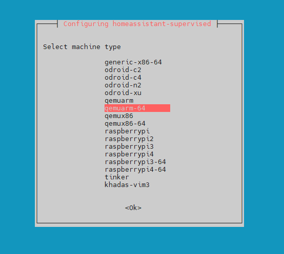 When running the Le Potato Home Assistant installation, you will be asked what machine type you want. This image shows the machine types with qemuarm-64 selected.