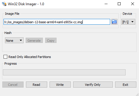 The image writing step of the Le Potato Home Assistant setup guide showing Win32 DiskImager to write the Debian image to the SD card.