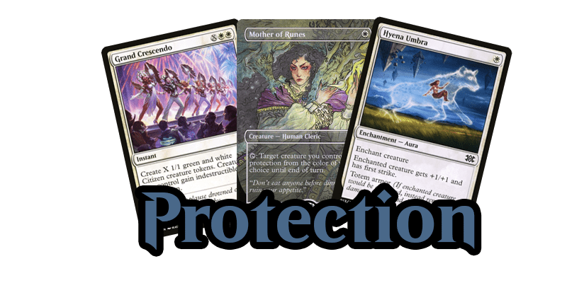 The protection for my MTG Aristocrats deck. Shown here are the cards Grand Crescendo, Mother of Runes and Hyena Umbra 