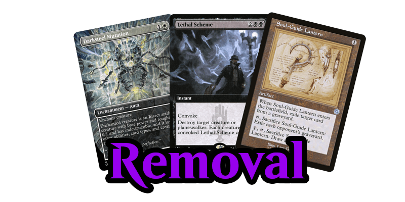 The removal for my MTG Aristocrats deck. Shown here are the cards Darksteel Mutation, Lethal Scheme and Soul-Guide Lantern 