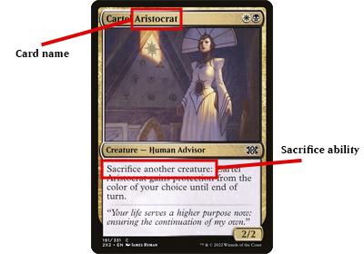 Image showing the card Cartel Aristocrat highlighting the word 'Aristocrat' in its name along with its sacrifice ability. This is to show a visual example of what is MTG aristocrats. 