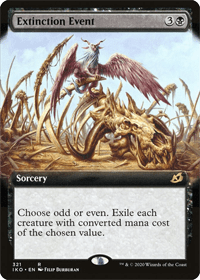 One of the best budget MTG black board wipes is the card shown here, Extinction Event in the extended art variant. 