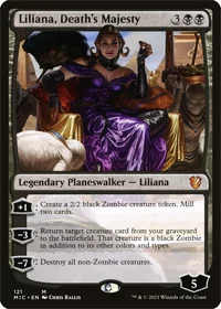 One of the best tribal MTG black board wipes is the card shown here, Liliana, Death's Majesty. This is a Planeswalker whose ultimate ability is a board wipe.