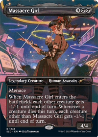 One of the best tribal MTG black board wipes is the card shown here, Massacre Girl in the full art secret lair variant. 