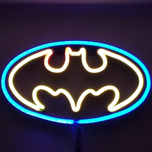 An image showing a 3D printed Batman neon sign based on the 1989 Batman symbol.